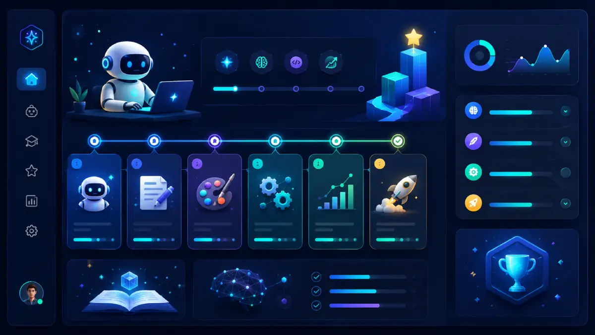 How to Learn AI Tools as a beginner with a simple roadmap dashboard showing clear learning steps and AI workflow cards